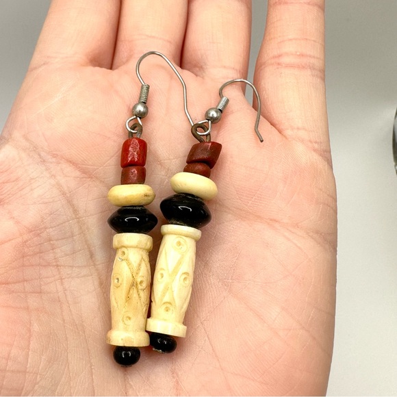 Carved Bead Long Dangle Earrings Rustic Boho Tribal Textured Hook Ear Wires - Picture 3 of 4